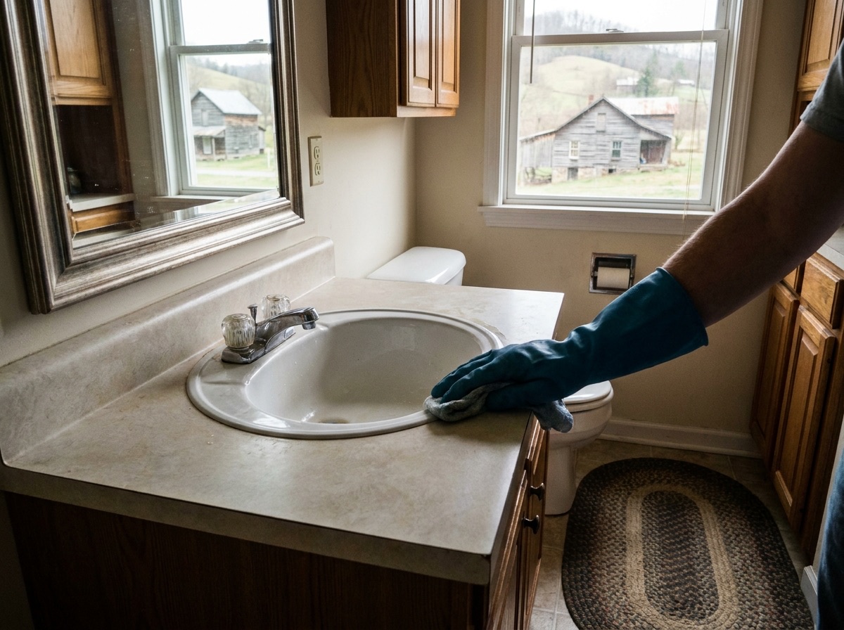 Sparkling clean bathroom tile and fixtures after a deep clean (AI-generated placeholder imagery)