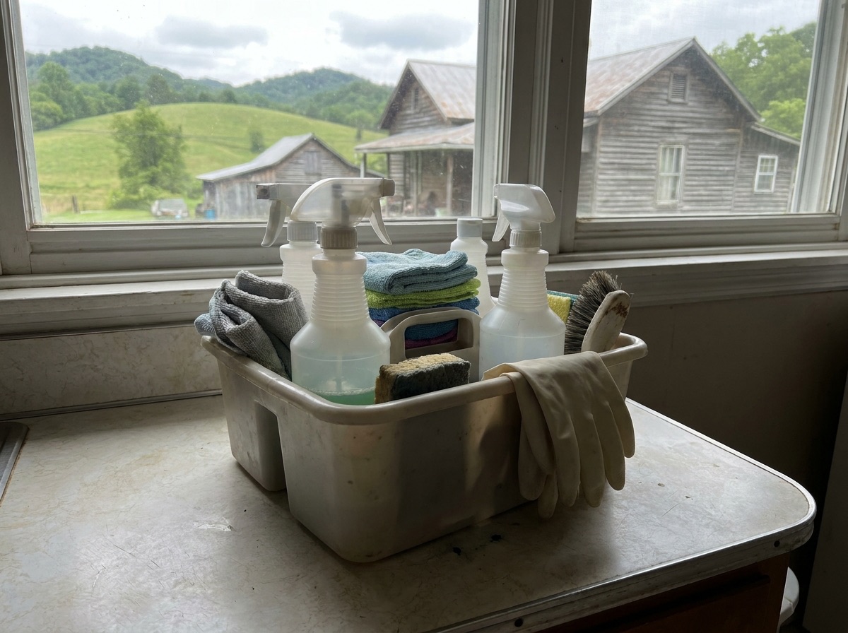 Cleaning supplies caddy stocked and ready for the next job (AI-generated placeholder imagery)