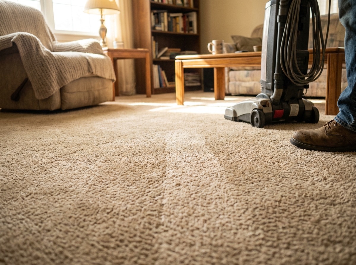 Fresh vacuum lines across a tidy living room carpet (AI-generated placeholder imagery)