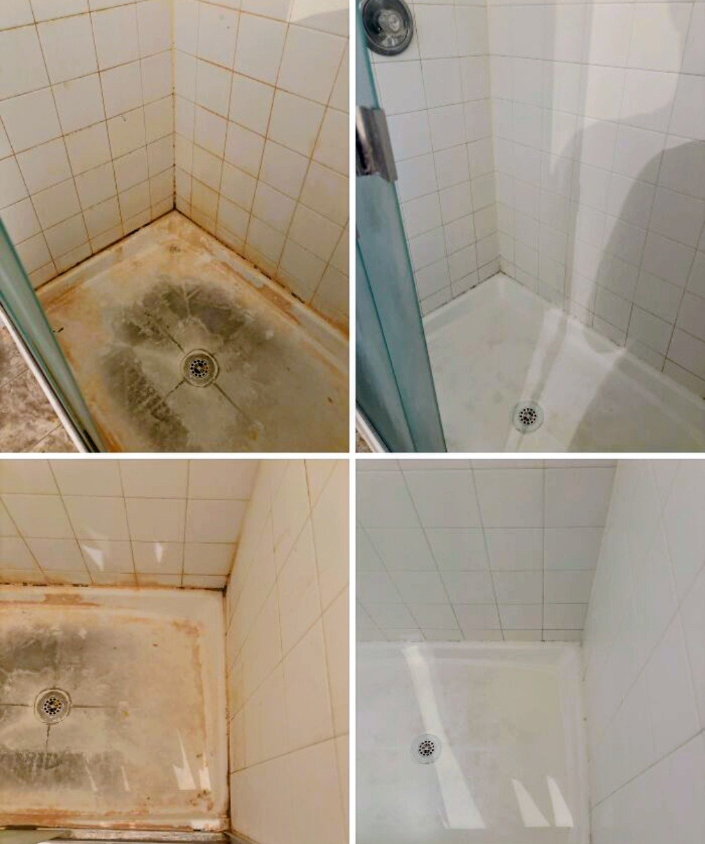 A tiled shower stall before and after cleaning: rust-stained grout and a discolored shower pan on the left, white tile and a clean pan on the right