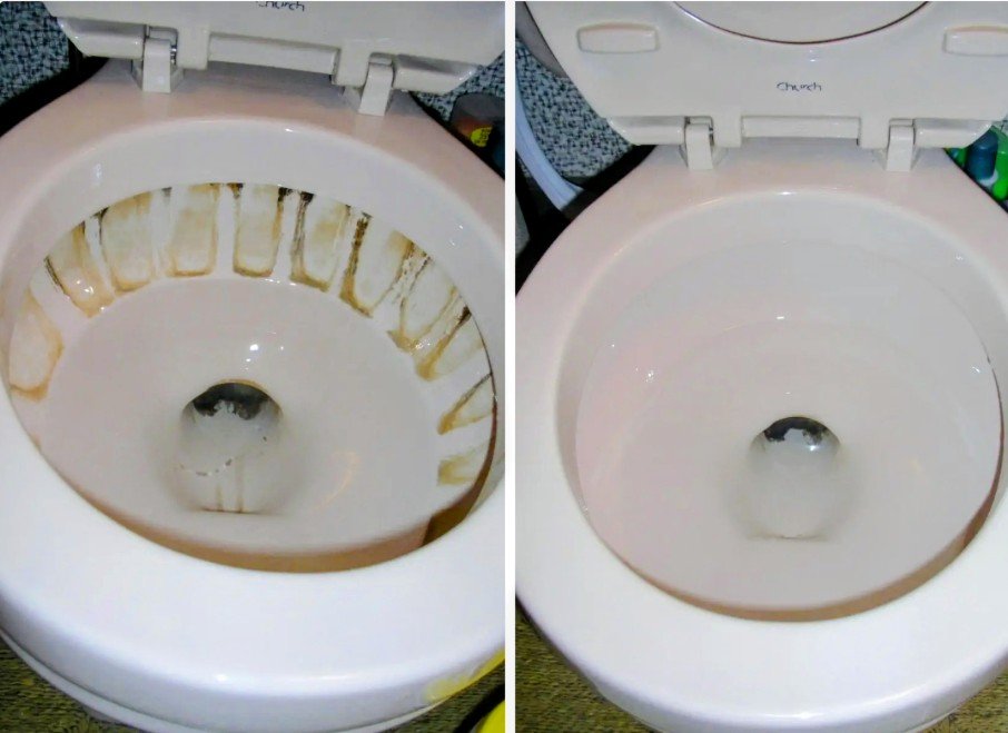 A toilet bowl before and after cleaning: heavy mineral staining under the rim on the left, clean white porcelain on the right