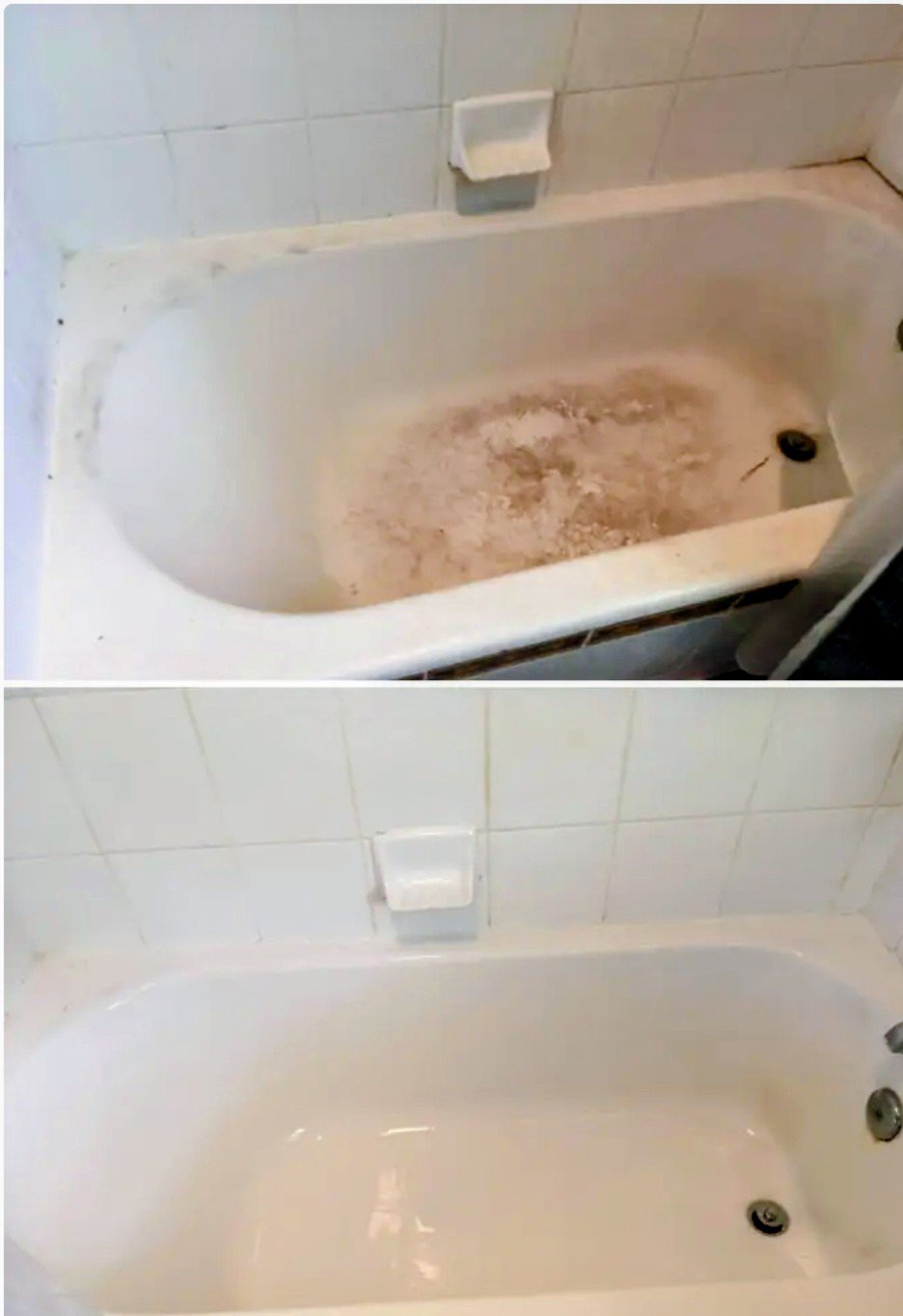 A bathtub before and after cleaning: grime across the base and along the tile above, then white enamel and clean tile